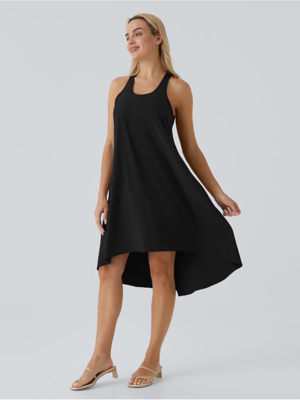 HALARA Black Sleeveless High-Low Swing Dress